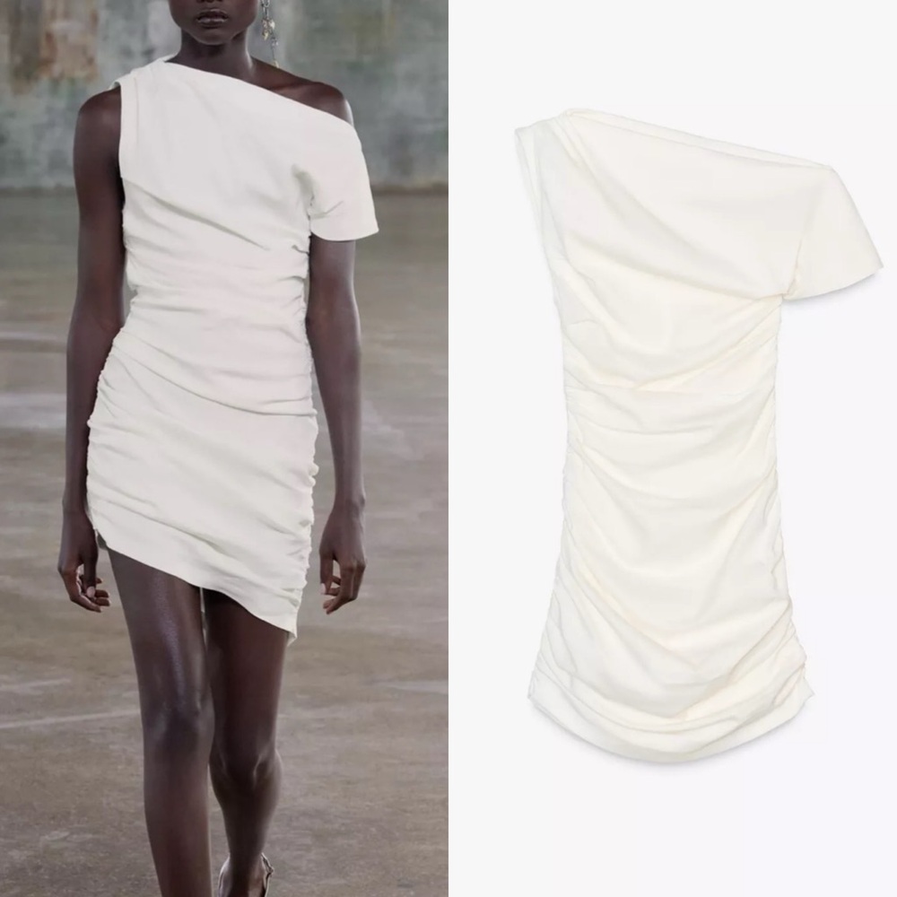 Zara NWT white mini dress asymmetrical draped off shoulder ruched dress
